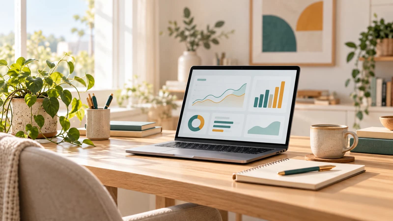 Bright workspace with a laptop displaying abstract teal data charts